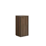 Large bathroom inspiration with brown oak furniture, black frame fronts, double sink, black shelf, rounded mirrors, black corner shower with folding doors, white tiles, and beige walls for a modern look