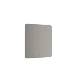 Bathroom inspiration with bathroom furniture in matt grey with elegant washbasin, beautiful square mirror, grey floor and small tiles in different shades of yellow and green, which with yellow wall gives a bright and playful expression