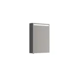 Large bathroom with slanted ceiling inspiration featuring grey bathroom furniture with black, round handles, elegant sink, and beautiful small mirror cabinet with light. Large white tiles and grey wall provide a modern and minimalist look.