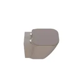 Stylish and spacious bathroom inspiration with a large round mirror with a black frame, dark stone sink, colored toilet, upper cabinet, and open shelf in a sophisticated and muted design