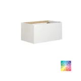 Stylish bathroom inspiration with beige vanity unit with inner drawer, upper cabinet, open shelf, oval mirror with lighting, matching pendants, shelf under the mirror, and wall-mounted toilet. Walls with light, elongated tiles.