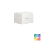 Stylish and spacious bathroom inspiration with a large round mirror with a black frame, dark stone sink, colored toilet, upper cabinet, and open shelf in a sophisticated and muted design