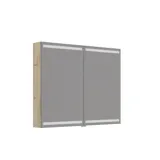 Large bathroom inspiration with light blue bathroom furniture with light wood sides, elegant mirror cabinets, minimalist black legs and handles, double bathroom set, and large white marble tiles create a classic, modern, and symmetrical look