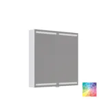 Small bathroom inspiration with a vanity unit and cabinet above the toilet in a beige custom color, elegant mirror cabinet with integrated lighting, the light colors and white curtain create a romantic and feminine atmosphere.