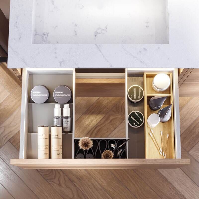 Bathroom inspiration with green special color bathroom furniture with natural oak sides, elegant grooves, stylish countertop with romantic oval countertop sink, beautiful oval mirror, combined with floral wallpaper gives a graceful, vintage retro look.