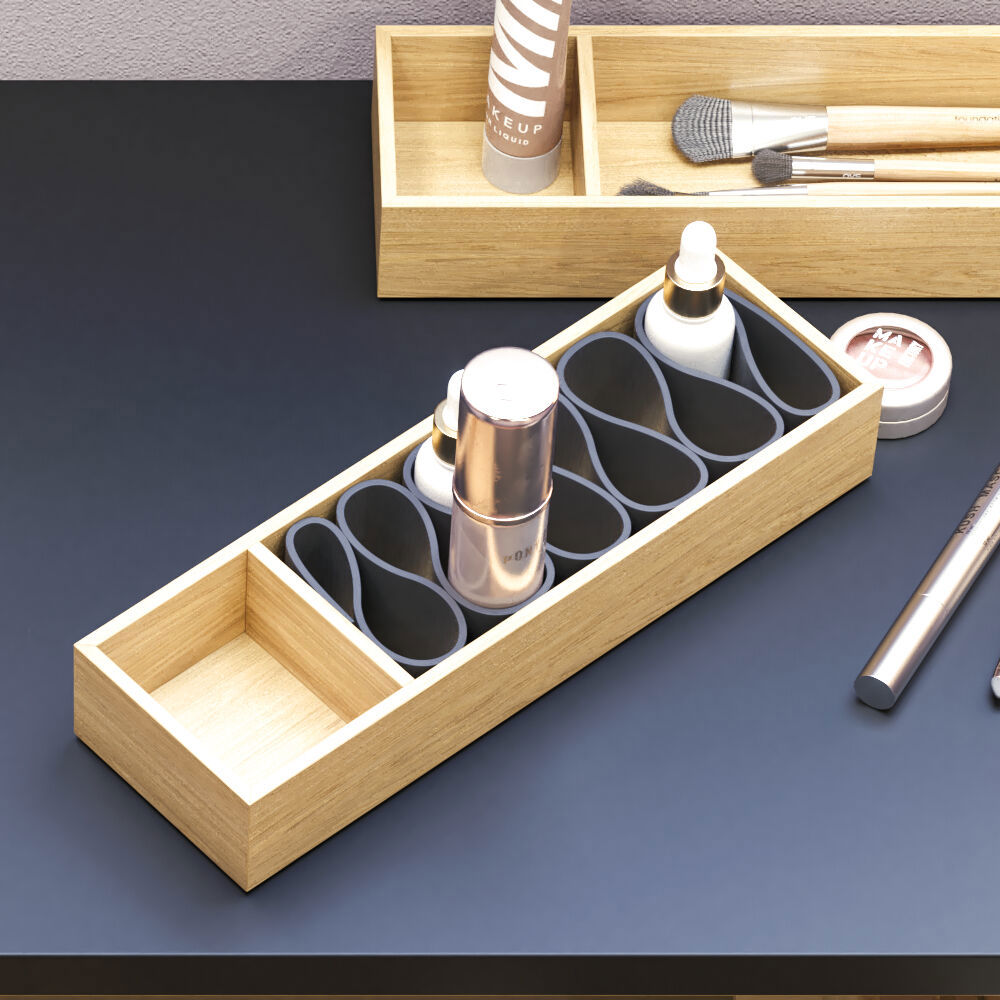 Large urban bathroom inspiration with natural oak furniture, stone countertop with square basin, round mirror with black frame, natural colors, and terracotta floor for an industrial and modern look