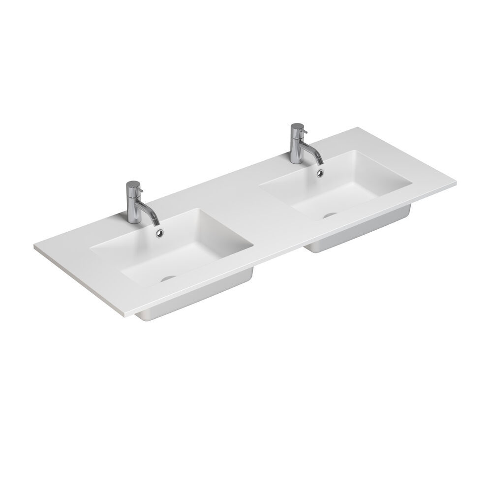 Large bathroom inspiration with noir oak bathroom furniture with elegant grooves, stylish double sink, square mirrors, white tiles with a geometric pattern give a bright, symmetrical, and classic look.