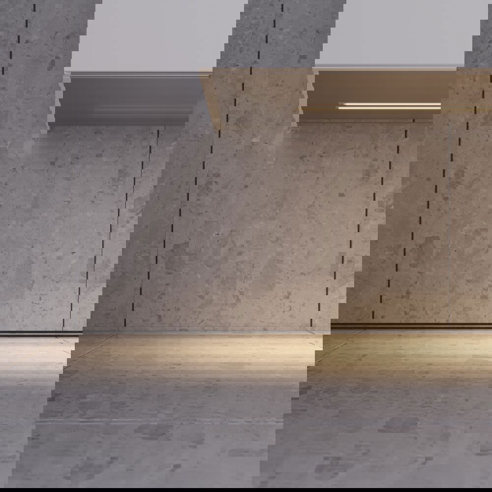 Large and romantic bathroom with brass framed round mirror