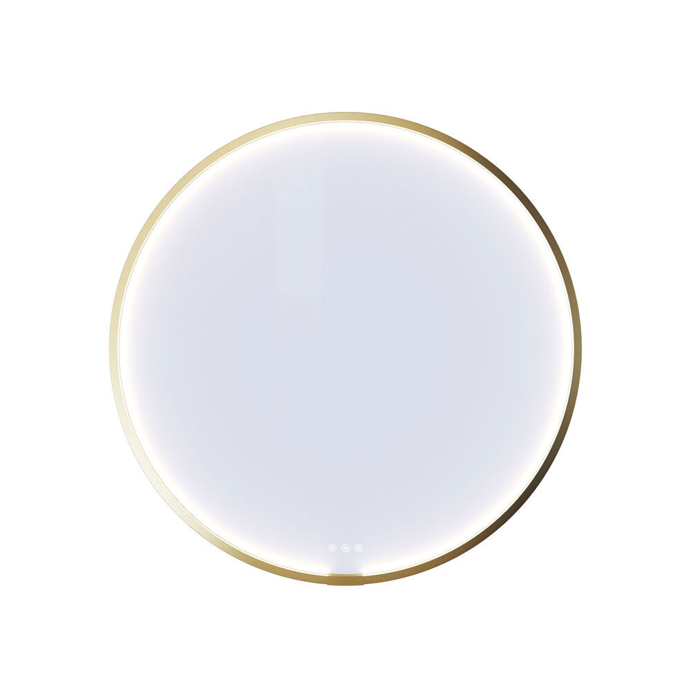 Large and romantic bathroom with brass framed round mirror