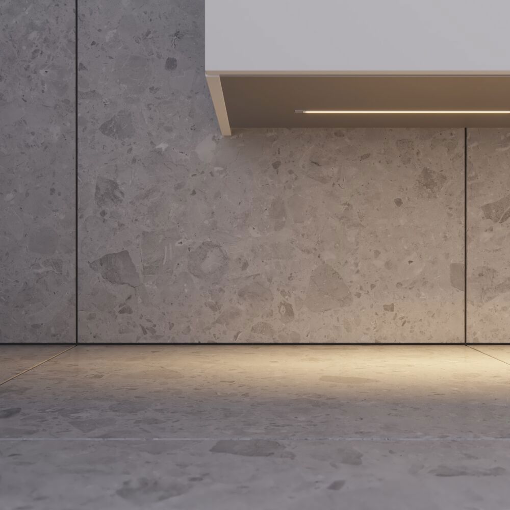 Large bathroom inspiration in Nordic style with bathroom furniture in light blue colour and wooden countertop with elegant countertop basin, herringbone wooden floor creating a bright and classic style