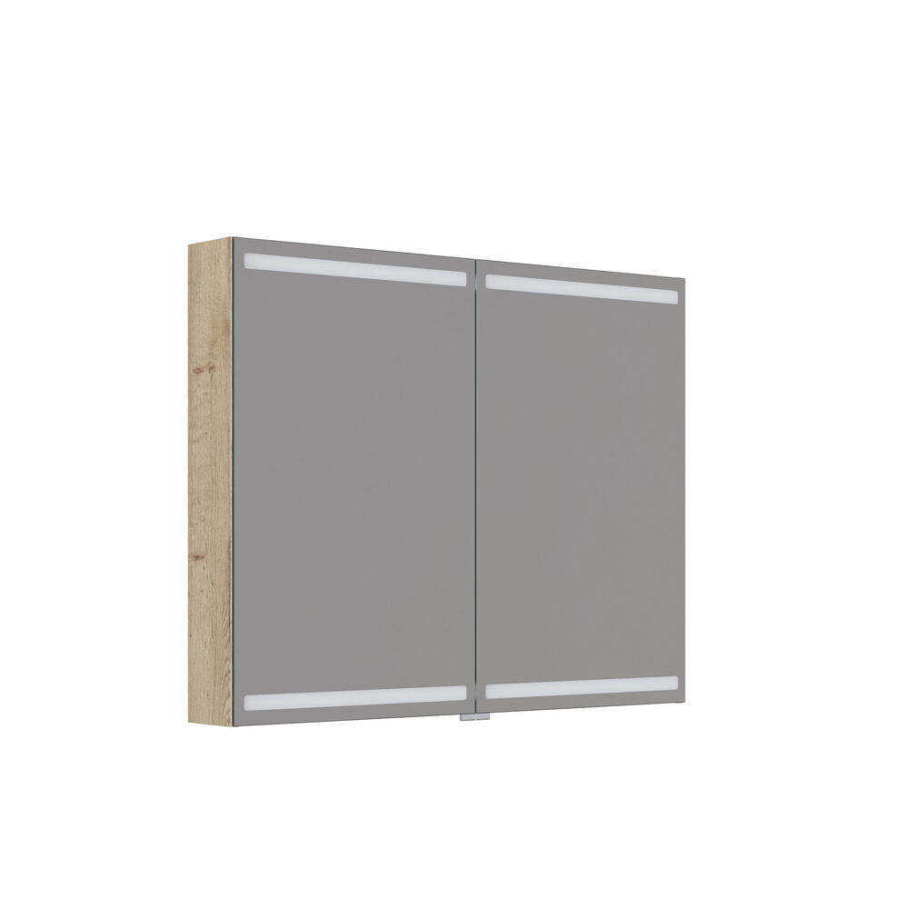 Large bathroom inspiration with light blue bathroom furniture with light wood sides, elegant mirror cabinets, minimalist black legs and handles, double bathroom set, and large white marble tiles create a classic, modern, and symmetrical look