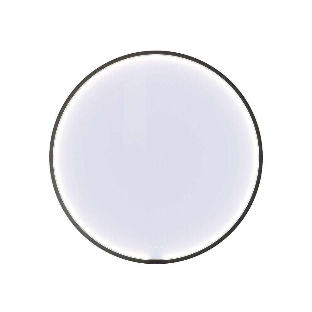 Large and bright bathroom in a minimalist style with soft pastel colours and elegant green hues, stylish round mirror and modern décor