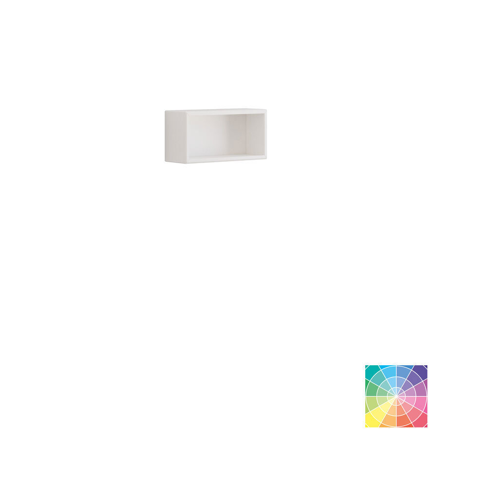 Stylish bathroom inspiration with beige vanity unit with inner drawer, upper cabinet, open shelf, oval mirror with lighting, matching pendants, shelf under the mirror, and wall-mounted toilet. Walls with light, elongated tiles