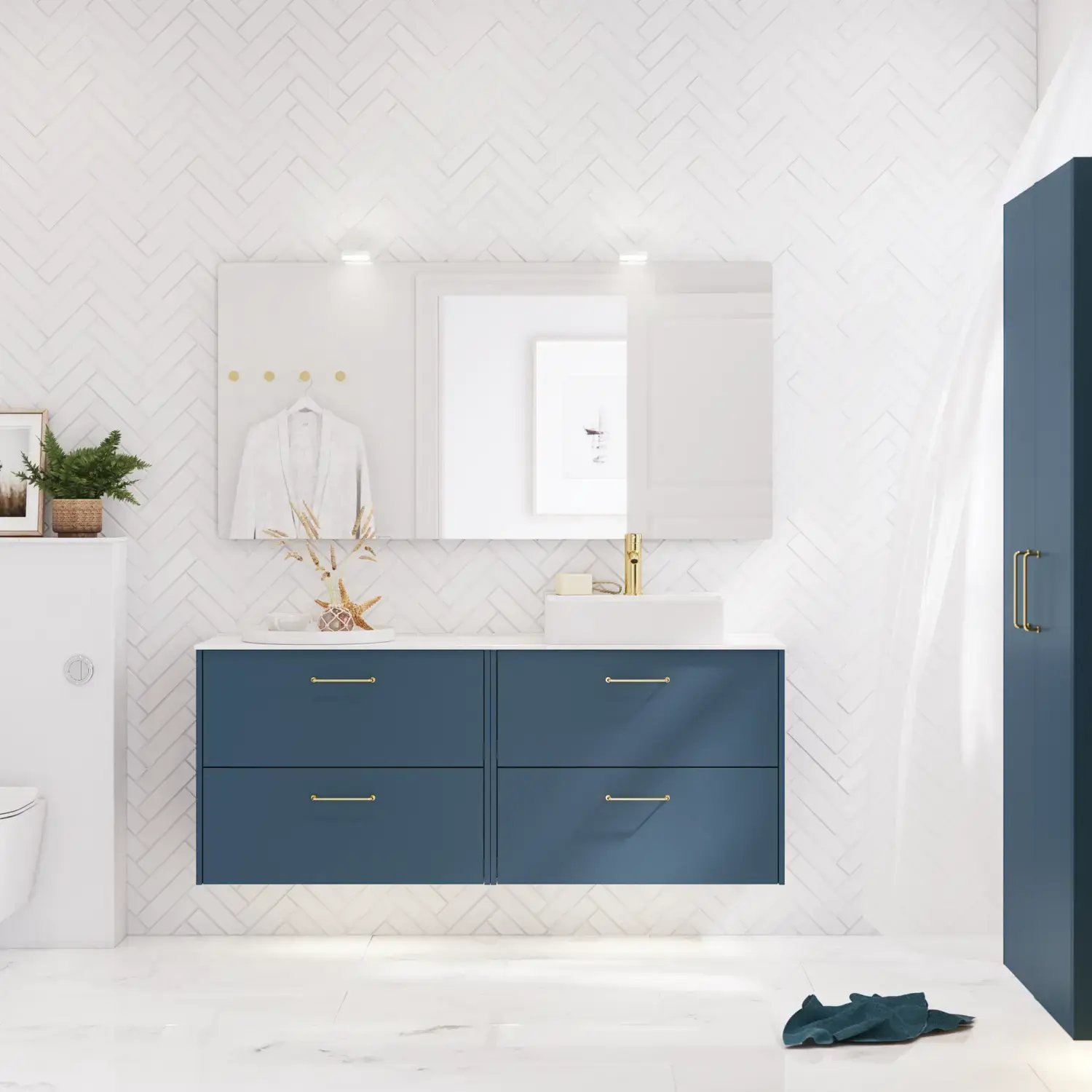 Bathroom inspiration with bathroom furniture in modern blue colour, elegant countertop basin and large square mirror with light, white herringbone tiles create a stylish and classic look