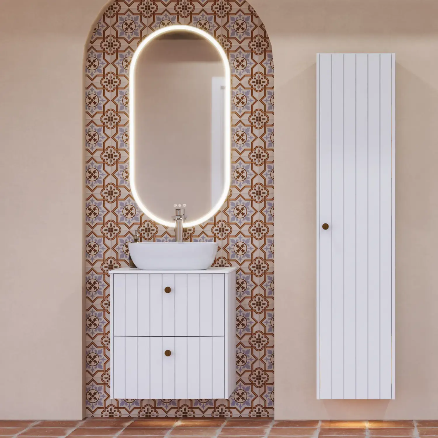 Large bathroom inspiration with white ribbed furniture, elegant countertops and countertop basins, oval mirrors with lights, exposed beams and patterned tiles create a vintage and stylish look