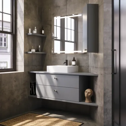 Bathroom inspiration with sloped walls inspiration, grey vanity unit and upper cabinet, custom-made countertops, modern square countertop basin, square mirror with lights, raw concrete walls and floors create an urban look