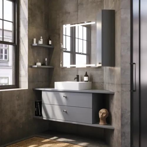 Bathroom inspiration with sloped walls inspiration, grey vanity unit and upper cabinet, custom-made countertops, modern square countertop basin, square mirror with lights, raw concrete walls and floors create an urban look