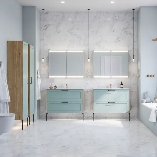 Large bathroom inspiration with light blue bathroom furniture with light wood sides, elegant mirror cabinets, minimalist black legs and handles, double bathroom set, and large white marble tiles create a classic, modern, and symmetrical look