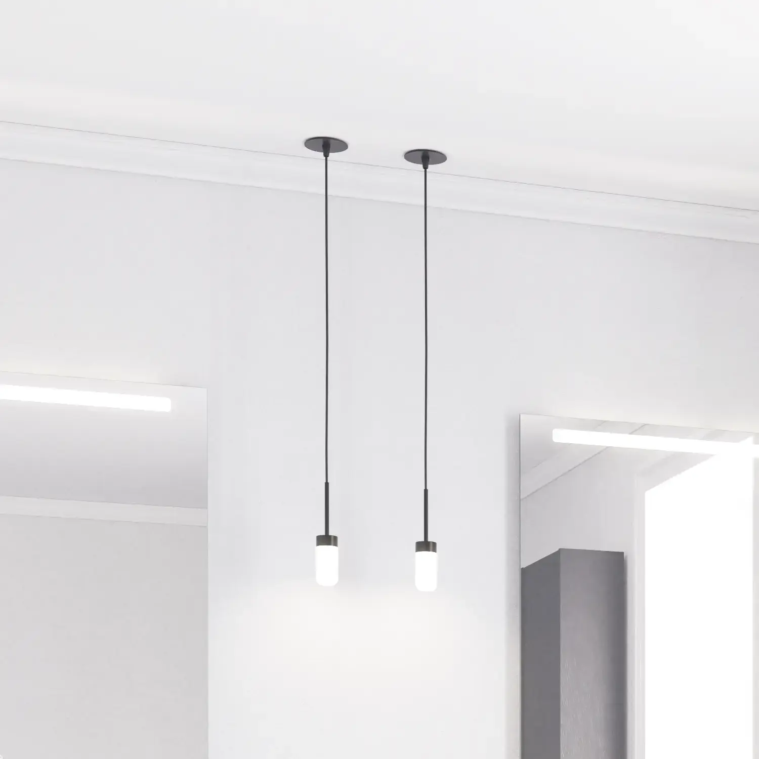 Large bathroom inspiration with noir oak bathroom furniture with elegant grooves, stylish double sink, square mirrors, white tiles with a geometric pattern give a bright, symmetrical, and classic look.