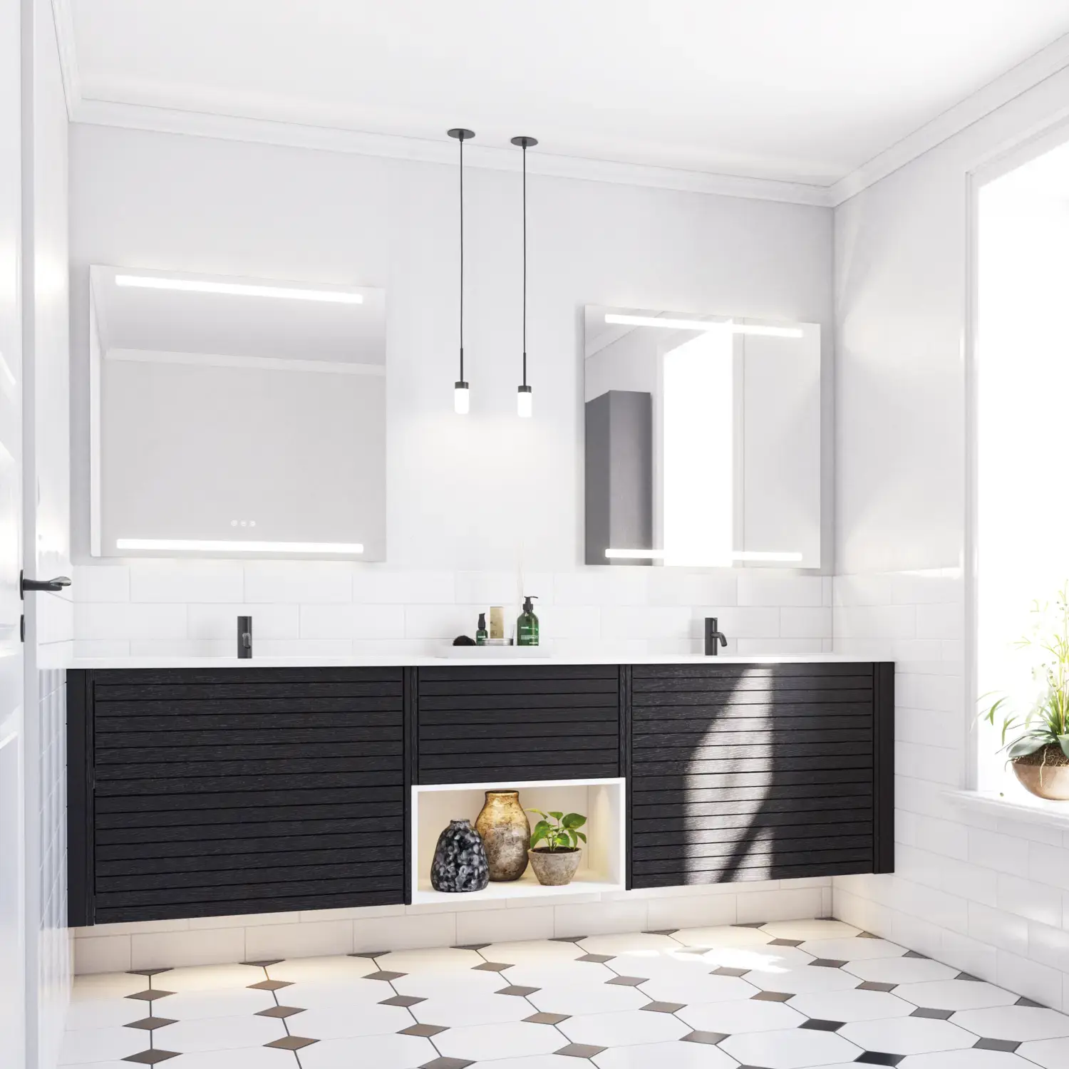 Large bathroom inspiration with noir oak bathroom furniture with elegant grooves, stylish double sink, square mirrors, white tiles with a geometric pattern give a bright, symmetrical, and classic look.