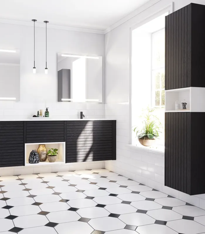 Large bathroom inspiration with noir oak bathroom furniture with elegant grooves, stylish double sink, square mirrors, white tiles with a geometric pattern give a bright, symmetrical, and classic look.