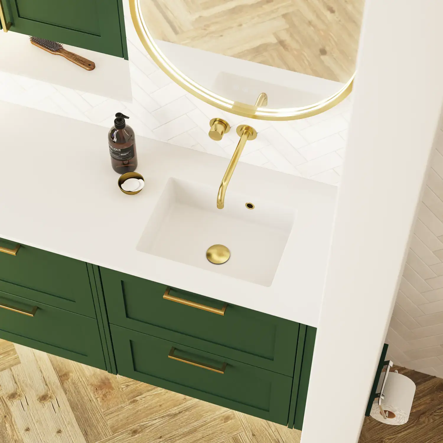 Large bathroom in green colors with vanity unit, brass framed oval mirror and beautiful framed doors