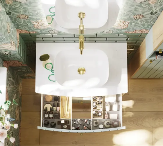 Bathroom inspiration with green special color bathroom furniture with natural oak sides, elegant grooves, stylish countertop with romantic oval countertop sink, beautiful oval mirror, combined with floral wallpaper gives a graceful, vintage retro look.