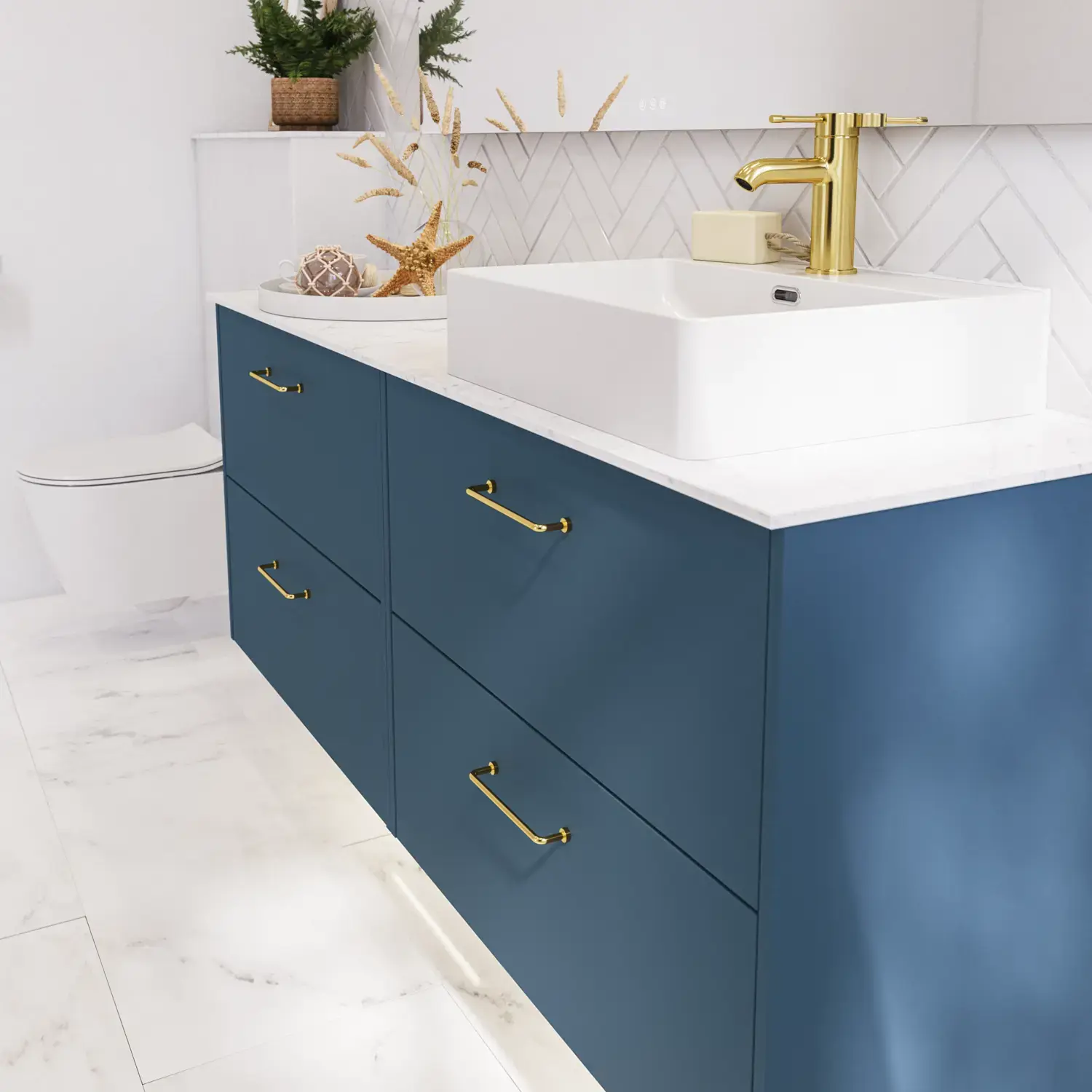 Bathroom inspiration with bathroom furniture in modern blue colour, elegant countertop basin and large square mirror with light, white herringbone tiles create a stylish and classic look