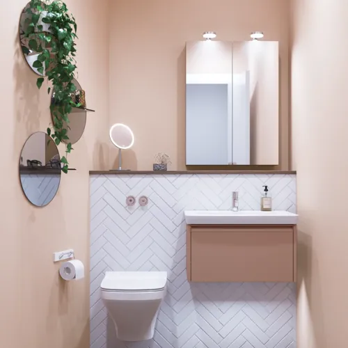 Small bathroom inspiration with a washbasin cabinet in a special color, mirror cabinet with lights, decorative mirrors with tinted glass shelf, white herringbone tiles give a sleek and classic look.