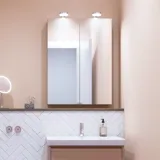 Small bathroom inspiration with a washbasin cabinet in a special color, mirror cabinet with lights, decorative mirrors with tinted glass shelf, white herringbone tiles give a sleek and classic look.