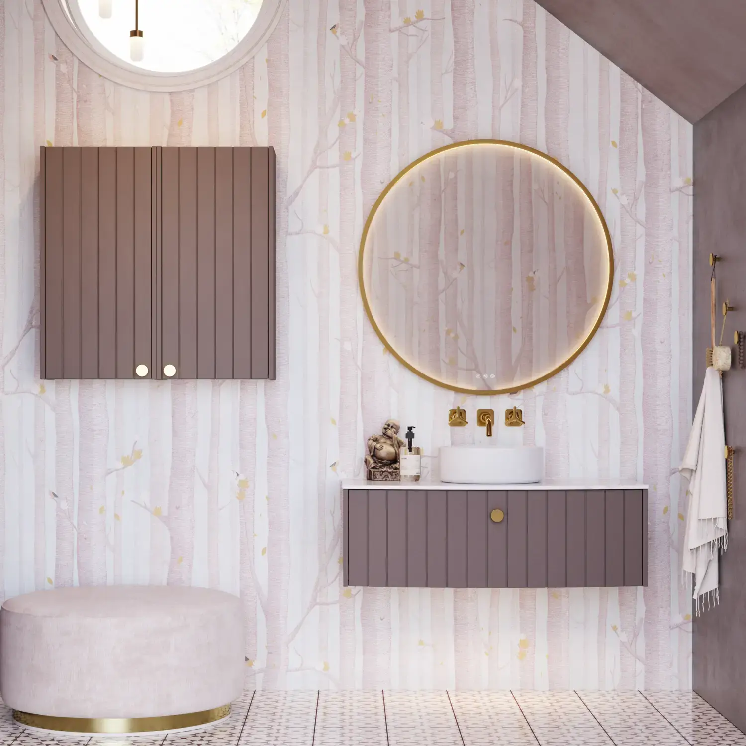 Bathroom inspiration with custom purple cabinets featuring elegant grooves, stylish countertop with a vessel sink, large mirror with brass edge, tiles and walls in purple shades create a romantic and feminine look