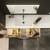 Large bathroom inspiration with vanity units and brown oak slats, freestanding bathtub, and square mirrors with light, elegant double sink gives a modern and symmetrical look