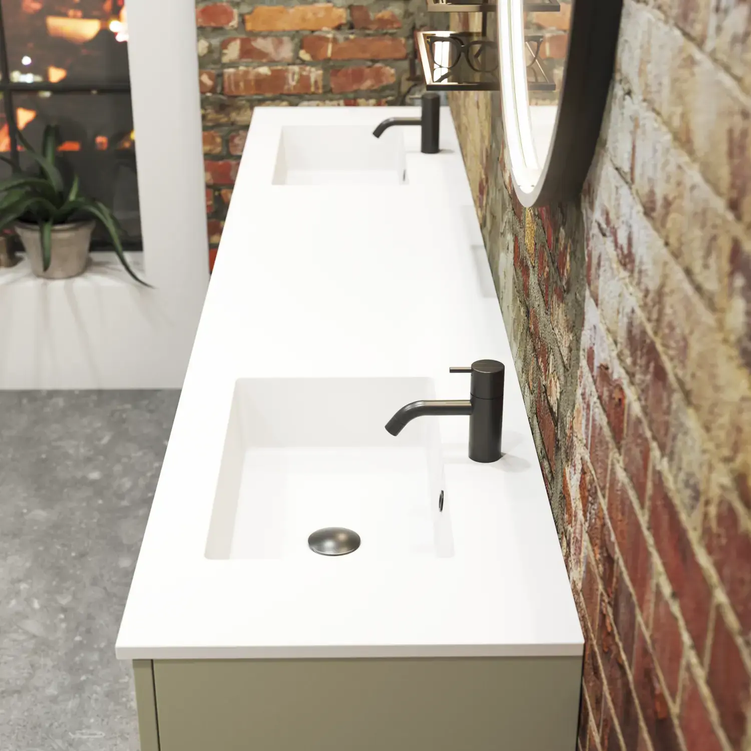Raw and modern bathroom in an urban style. Beautiful vanity units and black framed round mirrors