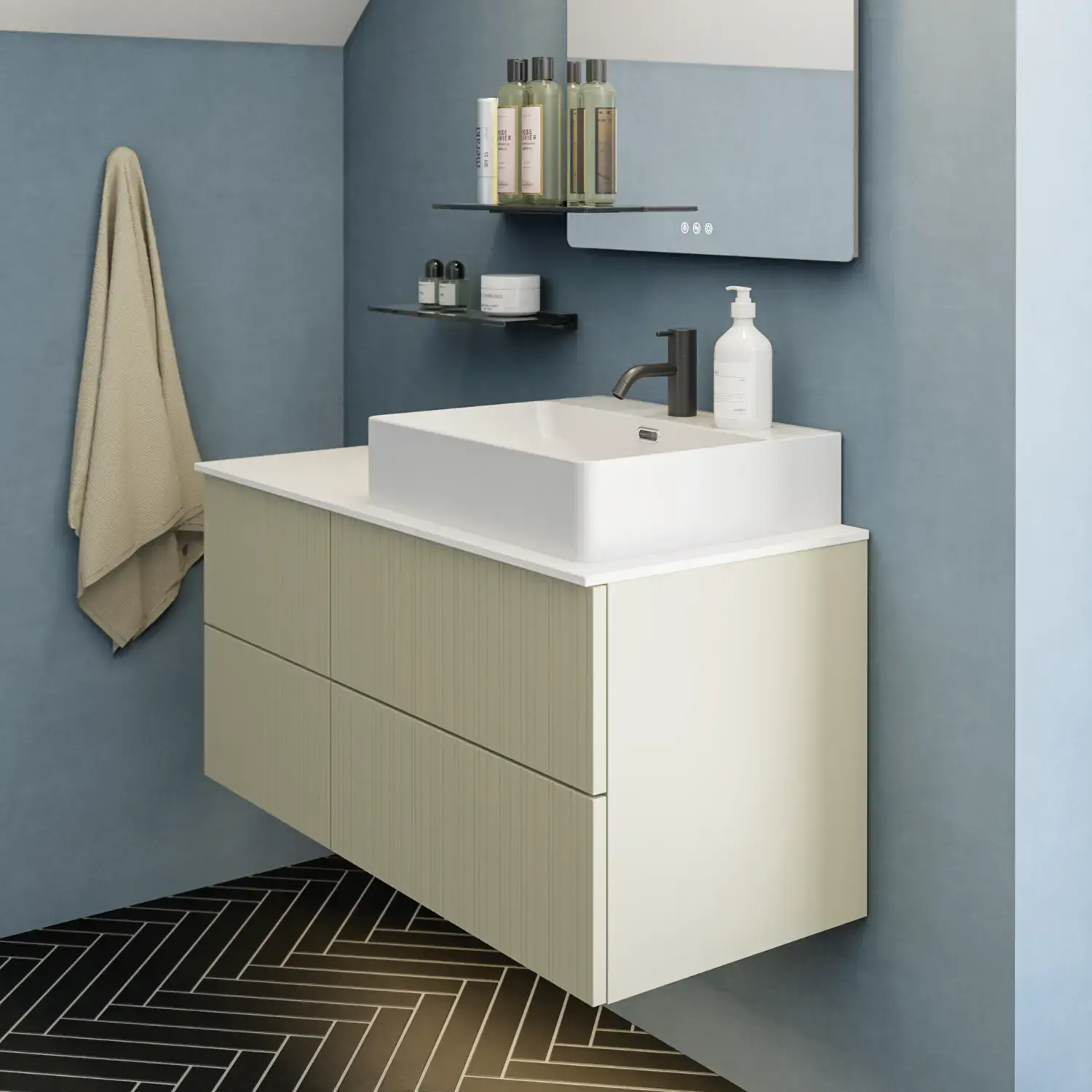 Bathroom with slanted ceiling inspiration, beige furniture with grooves, elegant countertop and square sink, beautiful mirror with shelves, blue walls, large windows, and black herringbone floor give a bright, urban look.