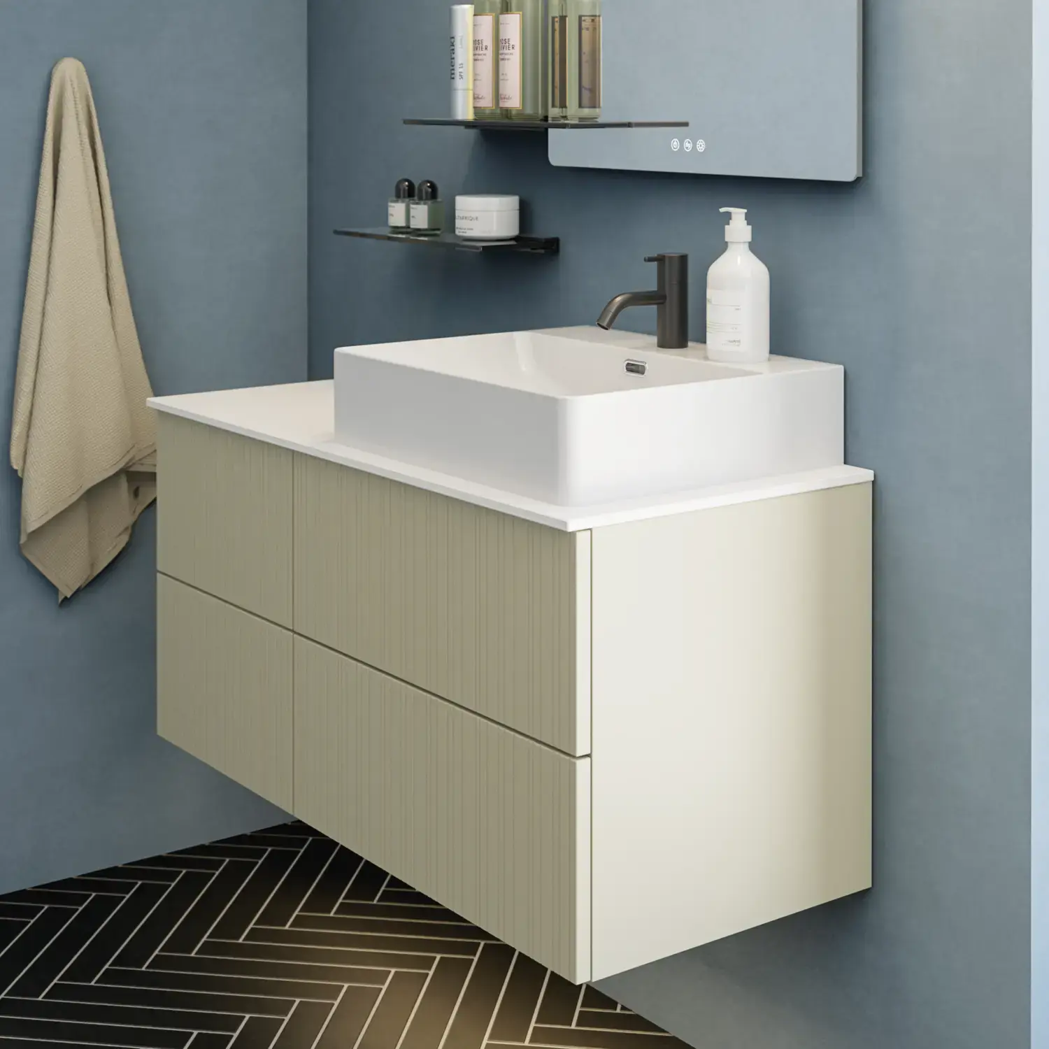 Bathroom with slanted ceiling inspiration, beige furniture with grooves, elegant countertop and square sink, beautiful mirror with shelves, blue walls, large windows, and black herringbone floor give a bright, urban look.