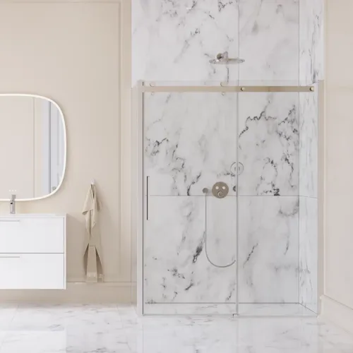 Large bathroom inspiration with large luxurious walk-in shower with sliding door, white bathroom furniture, large modern tiles and long curtains for a classic and romantic look