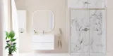Large bathroom inspiration with large luxurious walk-in shower with sliding door, white bathroom furniture, large modern tiles and long curtains for a classic and romantic look