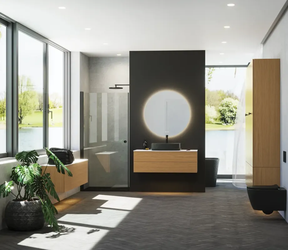 Minimalist and sleek bathroom inspiration with vanity unit, base cabinets, and tall cabinets in golden oak, large round mirror with light control, colored toilet, and countertop sink