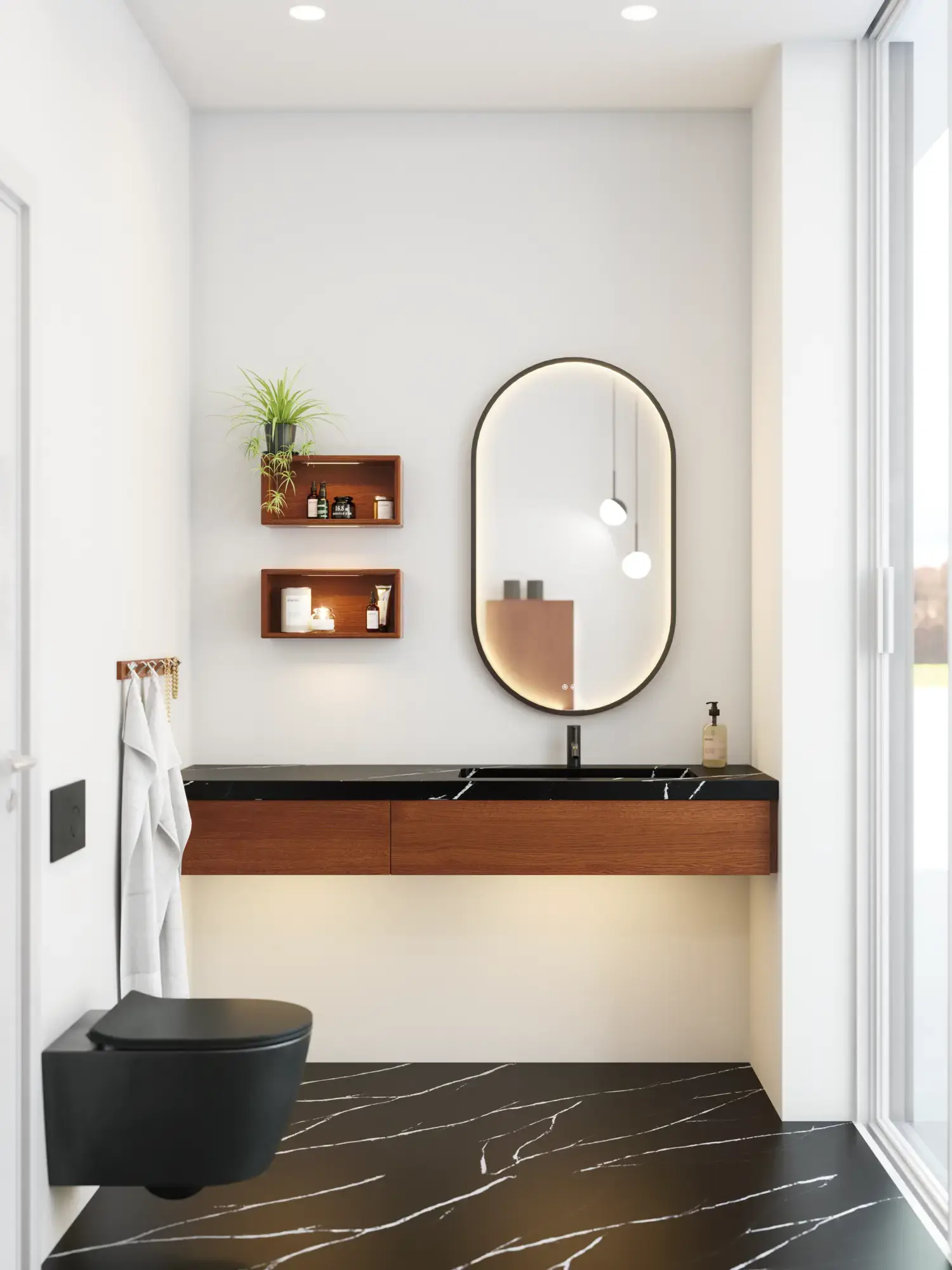 Modern and stylish bathroom inspiration with an oval mirror with a black frame and light control, colored toilet, vanity unit, base cabinets, and cabinets in reddish-brown oak, Silestone sink and matching floor