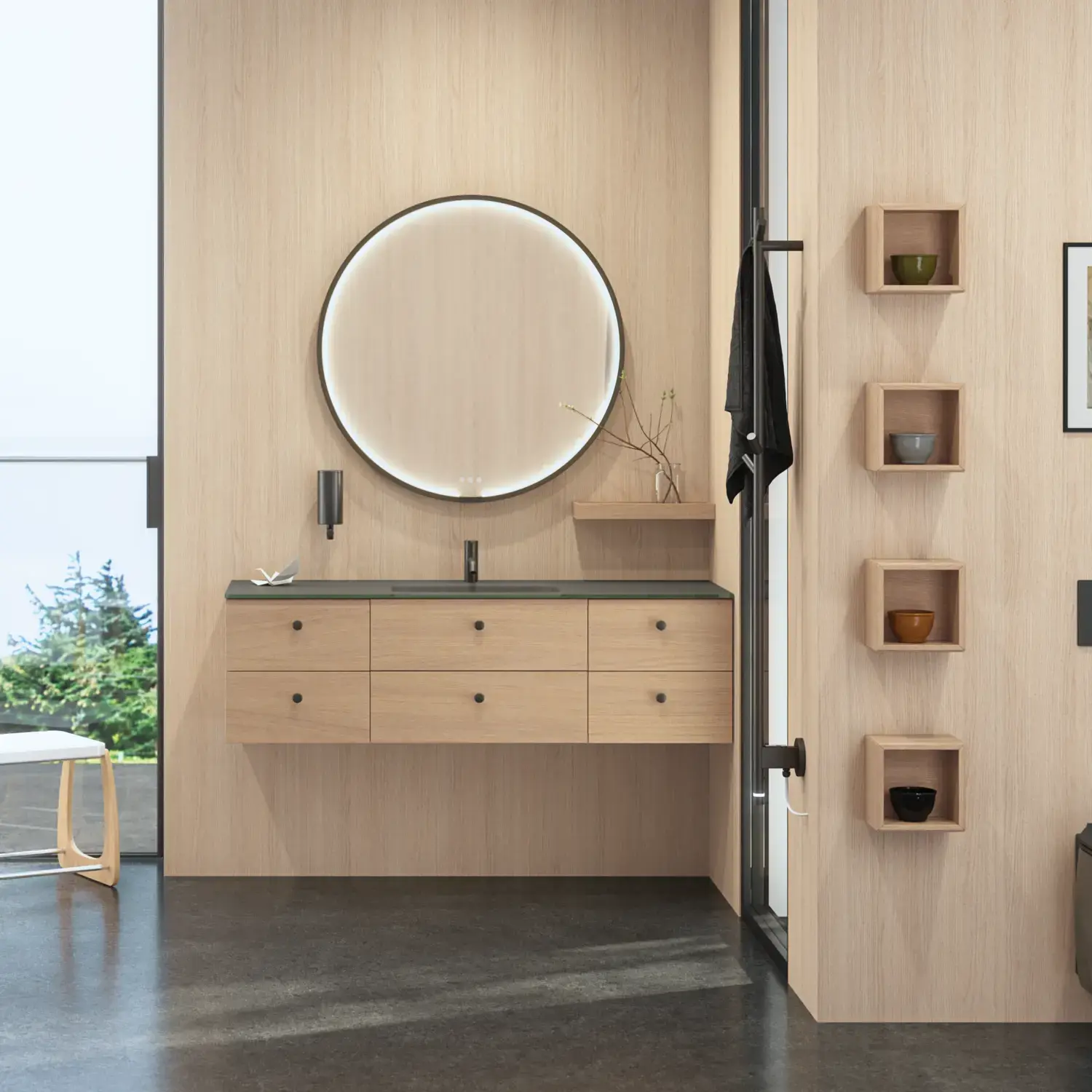 Stylish bathroom in Scandinavian and Japandi design with light wood walls, round mirror, and minimalist bathroom furniture