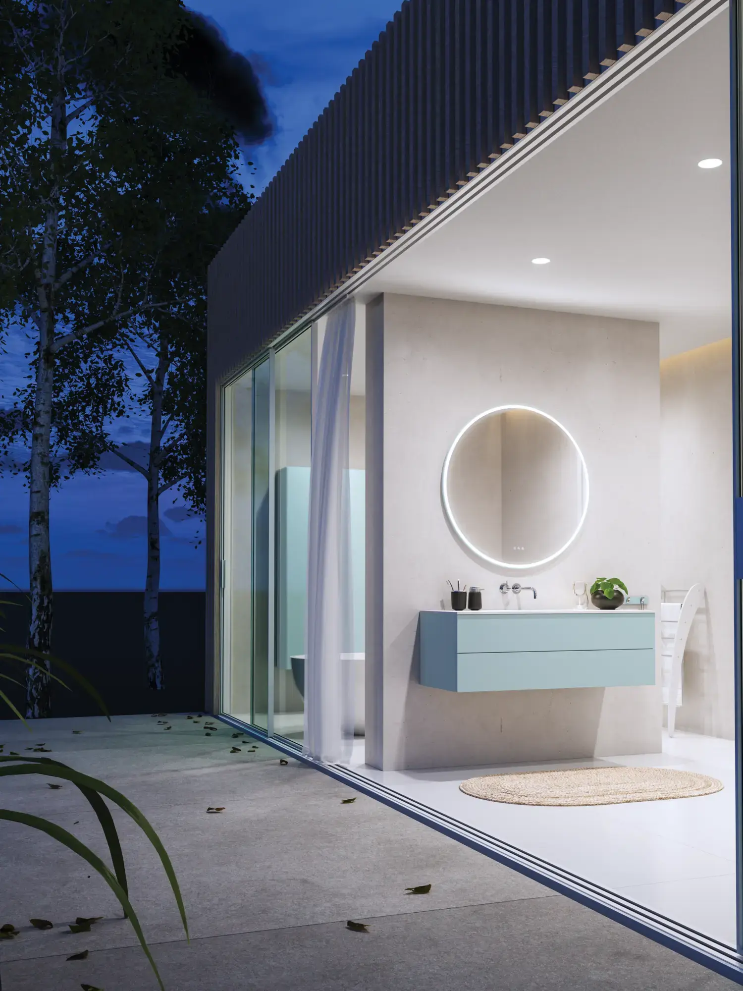 Lovely large bathroom with furniture in light, blue colors oozing with Nordic style
