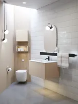 Stylish bathroom inspiration with beige vanity unit with inner drawer, upper cabinet, open shelf, oval mirror with lighting, matching pendants, shelf under the mirror, and wall-mounted toilet. Walls with light, elongated tiles