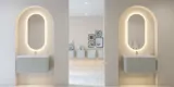 Stylish and modern bathroom inspiration with oval mirrors with light control, stone sinks, and vanity units with fine and elegant grooves in a minimalist design, the bathroom has a light and airy atmosphere with elegant lighting and refined details