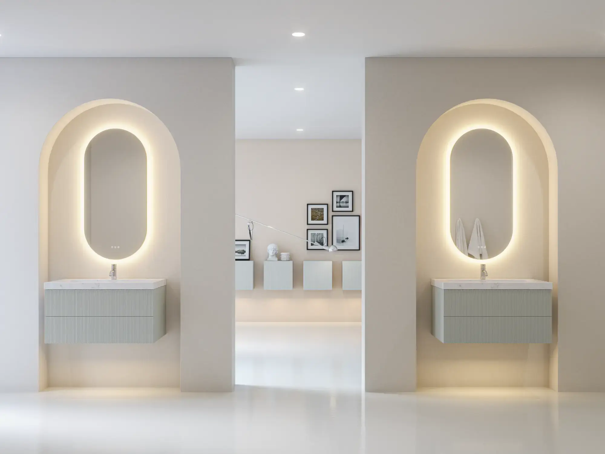 Stylish and modern bathroom inspiration with oval mirrors with light control, stone sinks, and vanity units with fine and elegant grooves in a minimalist design, the bathroom has a light and airy atmosphere with elegant lighting and refined details