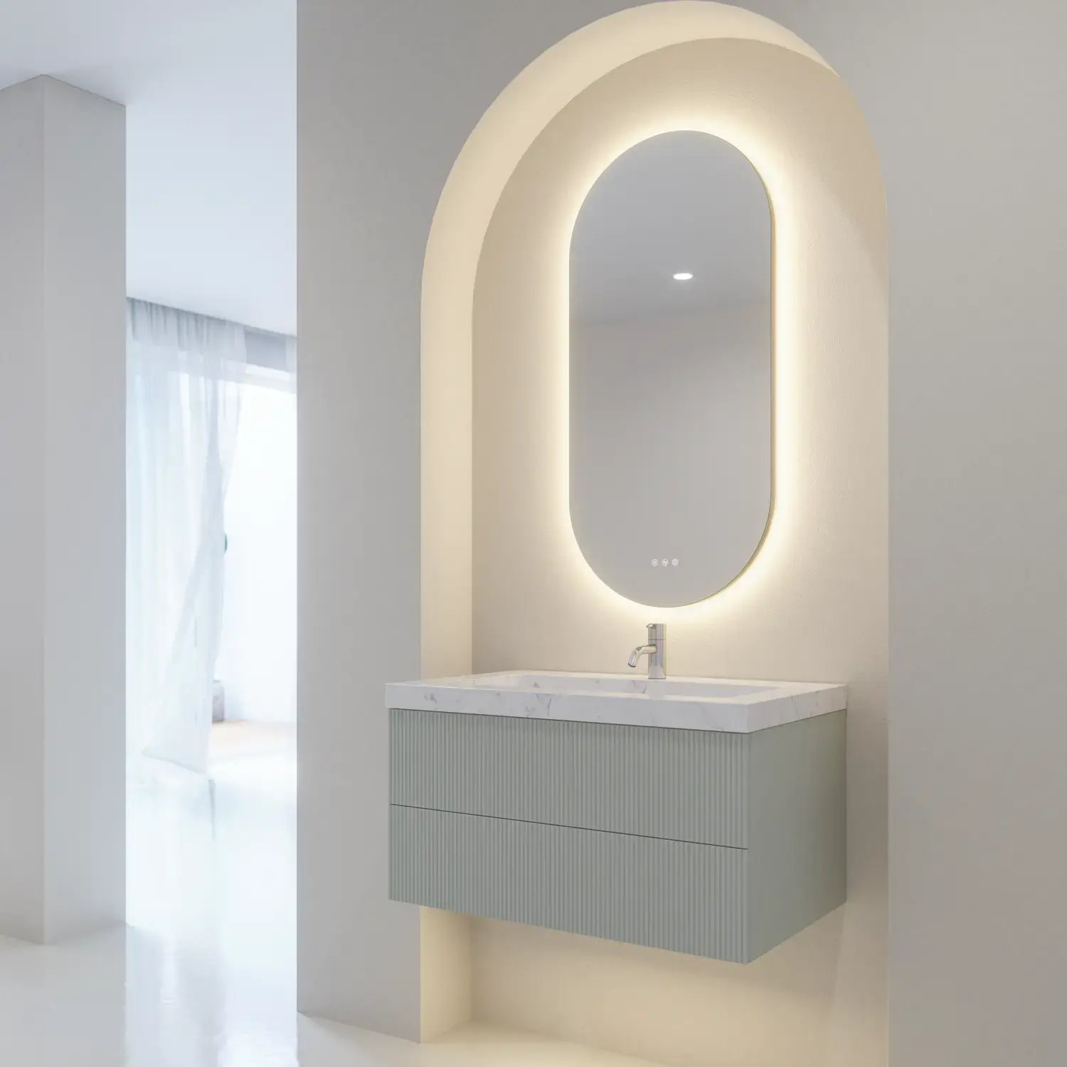 Stylish and modern bathroom inspiration with oval mirrors with light control, stone sinks, and vanity units with fine and elegant grooves in a minimalist design, the bathroom has a light and airy atmosphere with elegant lighting and refined details
