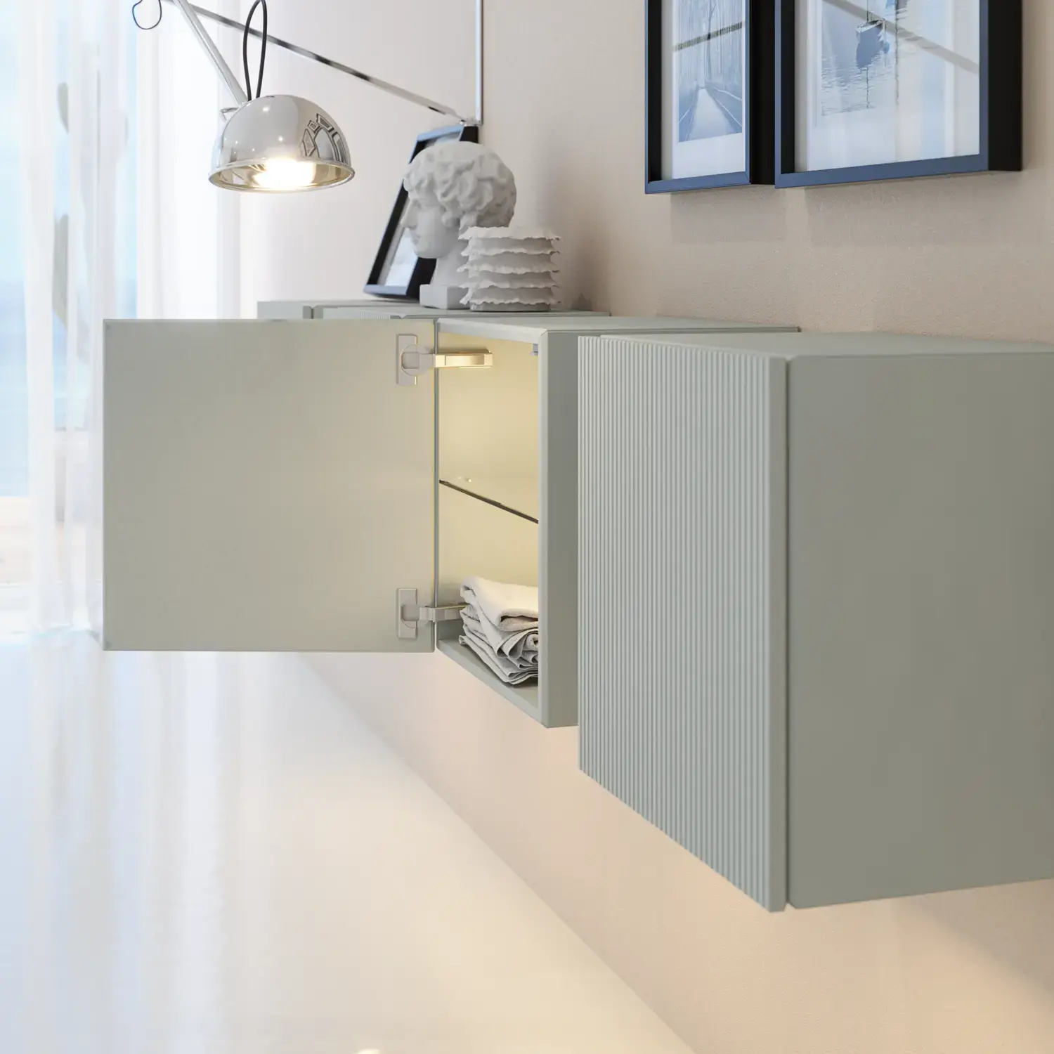 Stylish and modern bathroom inspiration with oval mirrors with light control, stone sinks, and vanity units with fine and elegant grooves in a minimalist design, the bathroom has a light and airy atmosphere with elegant lighting and refined details