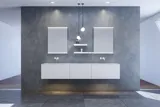 Large and modern minimalist bathroom inspiration with double sinks, square mirrors with light control, stylish pendant lights, large grey tiles, and a spacious design with plenty of natural light