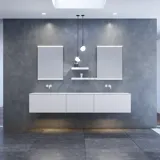 Large and modern minimalist bathroom inspiration with double sinks, square mirrors with light control, stylish pendant lights, large grey tiles, and a spacious design with plenty of natural light