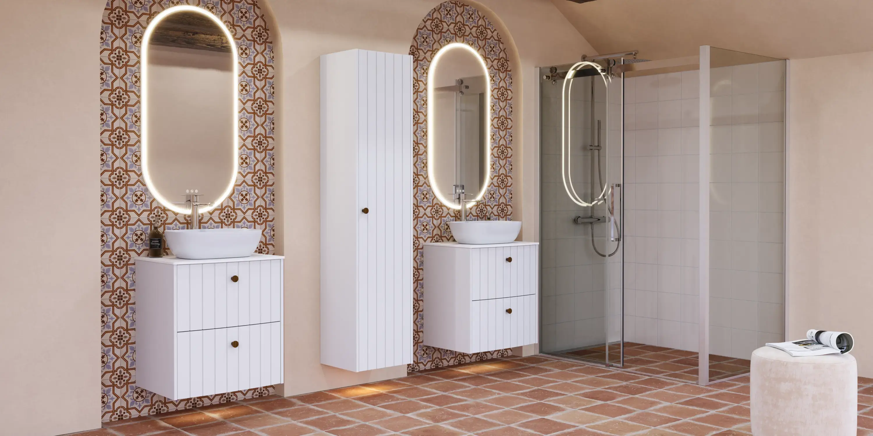 Large bathroom inspiration with white ribbed furniture, elegant countertops and countertop basins, oval mirrors with lights, exposed beams and patterned tiles create a vintage and stylish look