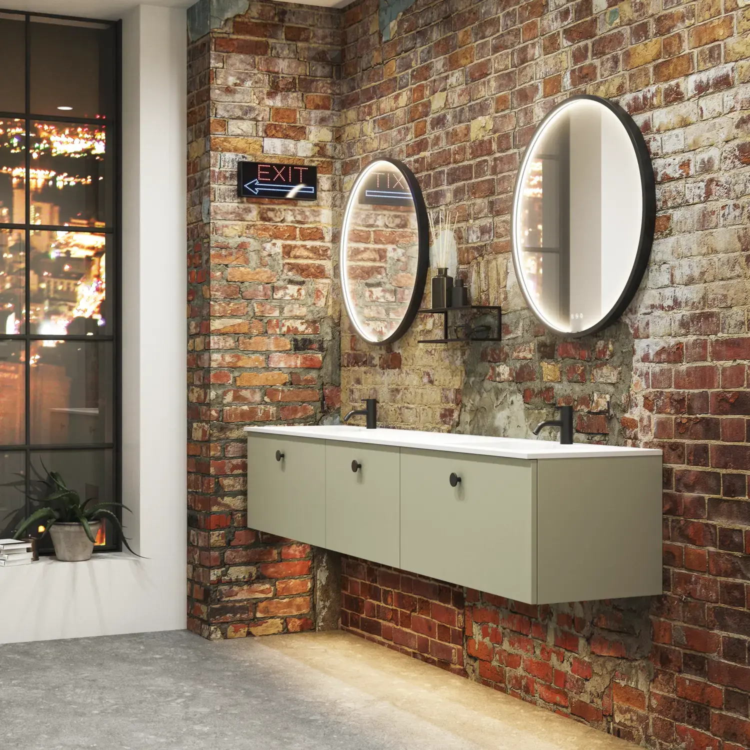 Raw and modern bathroom in an urban style. Beautiful vanity units and black framed round mirrors